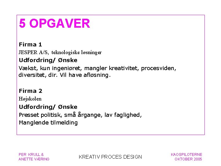 5 OPGAVER Firma 1 JESPER A/S, teknologiske løsninger Udfordring/ Ønske Vækst, kun ingeniøret, mangler