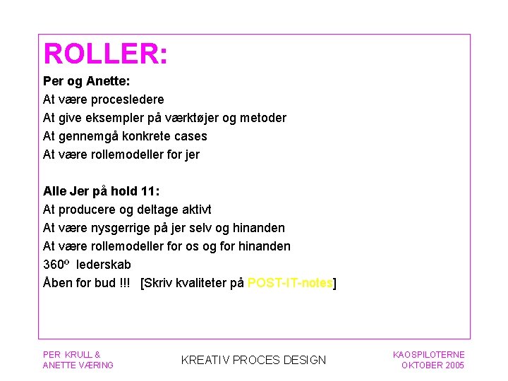 ROLLER: Per og Anette: At være procesledere At give eksempler på værktøjer og metoder