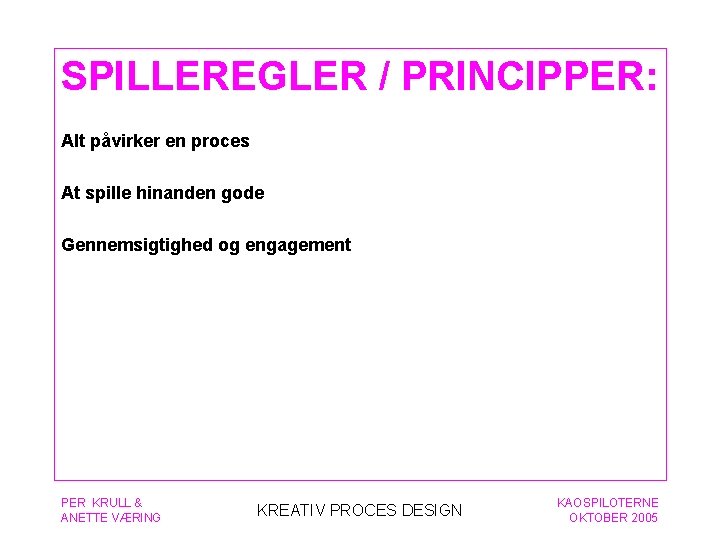 SPILLEREGLER / PRINCIPPER: Alt påvirker en proces At spille hinanden gode Gennemsigtighed og engagement