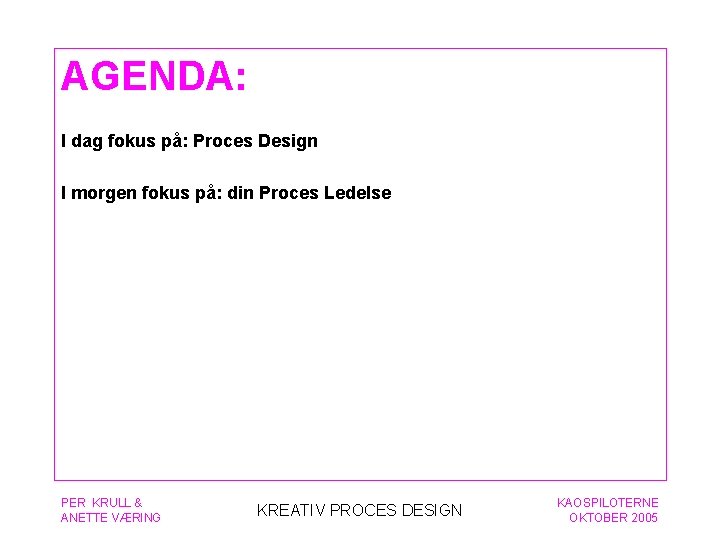 AGENDA: I dag fokus på: Proces Design I morgen fokus på: din Proces Ledelse