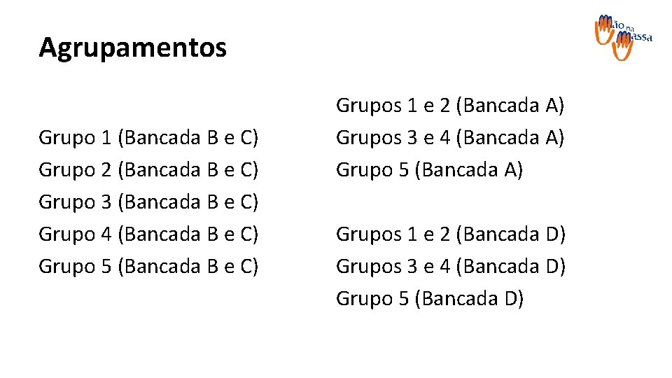Agrupamentos Grupo 1 (Bancada B e C) Grupo 2 (Bancada B e C) Grupo