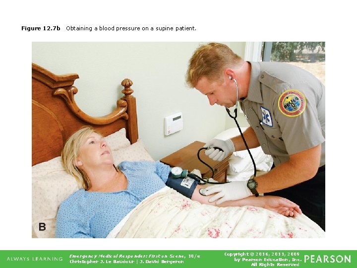 Figure 12. 7 b Obtaining a blood pressure on a supine patient. Emergency Medical