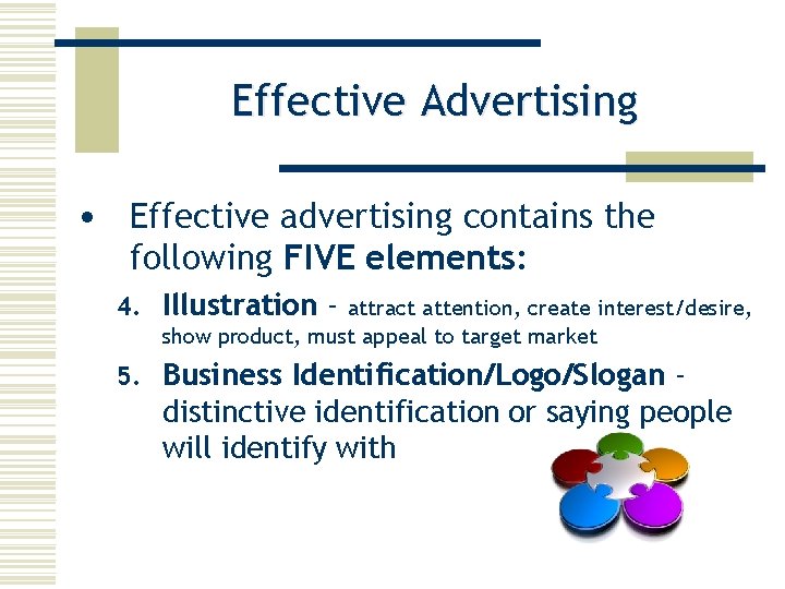 Effective Advertising • Effective advertising contains the following FIVE elements: 4. Illustration - attract