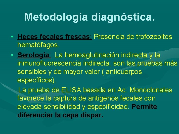 Metodología diagnóstica. • Heces fecales frescas: Presencia de trofozooitos hematófagos. • Serología: La hemoaglutinación