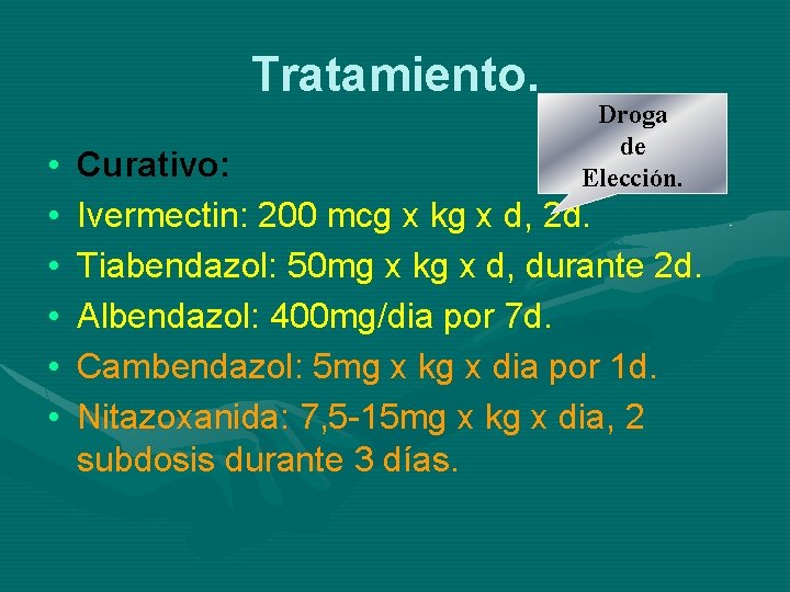 Tratamiento. • • • Droga de Elección. Curativo: Ivermectin: 200 mcg x kg x