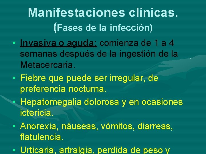 Manifestaciones clínicas. (Fases de la infección) • Invasiva o aguda: comienza de 1 a