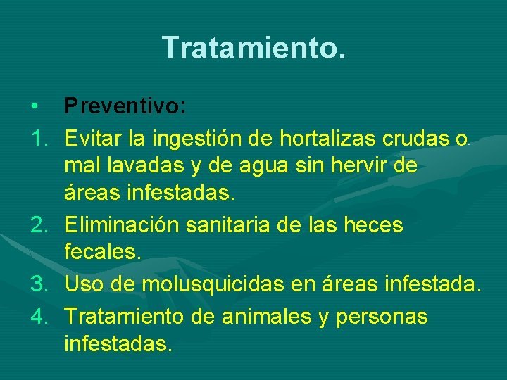 Tratamiento. • Preventivo: 1. Evitar la ingestión de hortalizas crudas o mal lavadas y