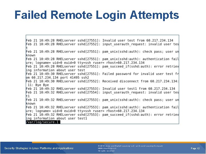 Failed Remote Login Attempts Security Strategies in Linux Platforms and Applications © 2015 Jones