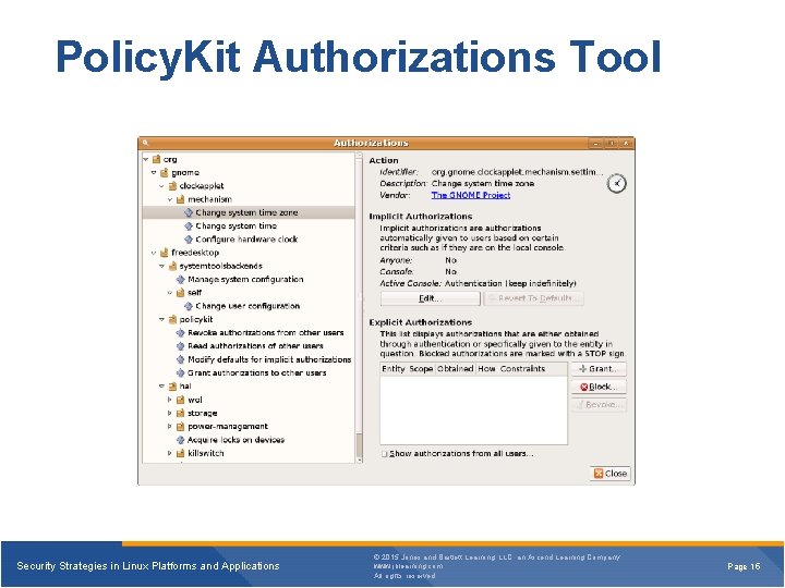 Policy. Kit Authorizations Tool Security Strategies in Linux Platforms and Applications © 2015 Jones