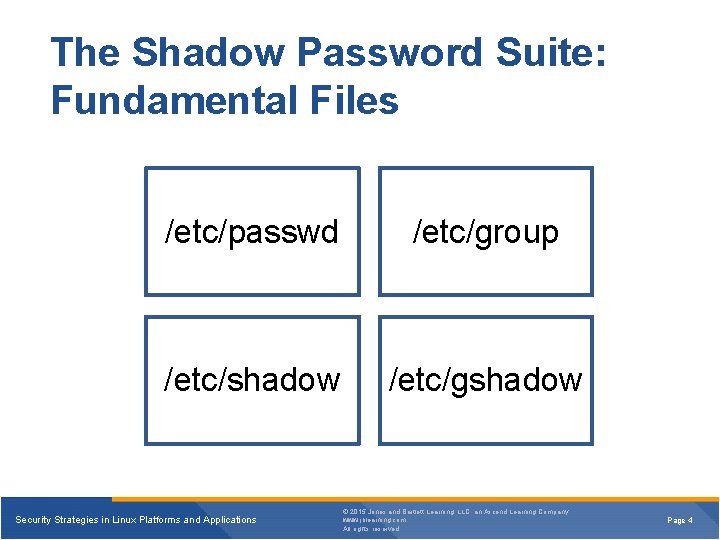 The Shadow Password Suite: Fundamental Files /etc/passwd /etc/group /etc/shadow /etc/gshadow Security Strategies in Linux