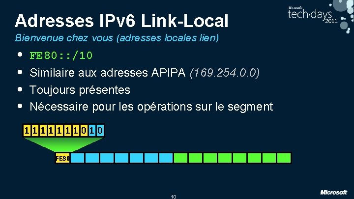 Adresses IPv 6 Link-Local Bienvenue chez vous (adresses locales lien) • • FE 80: