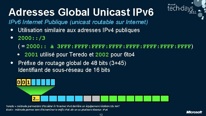 Adresses Global Unicast IPv 6 Internet Publique (unicast routable sur Internet) • Utilisation similaire