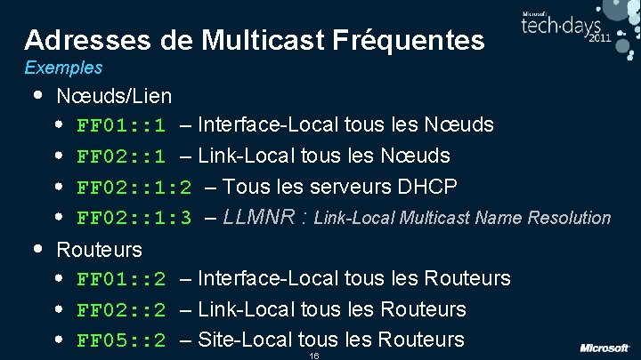 Adresses de Multicast Fréquentes Exemples • Nœuds/Lien • FF 01: : 1 – Interface-Local