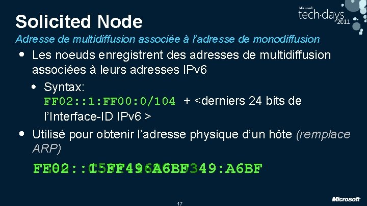 Solicited Node Adresse de multidiffusion associée à l’adresse de monodiffusion • • Les noeuds