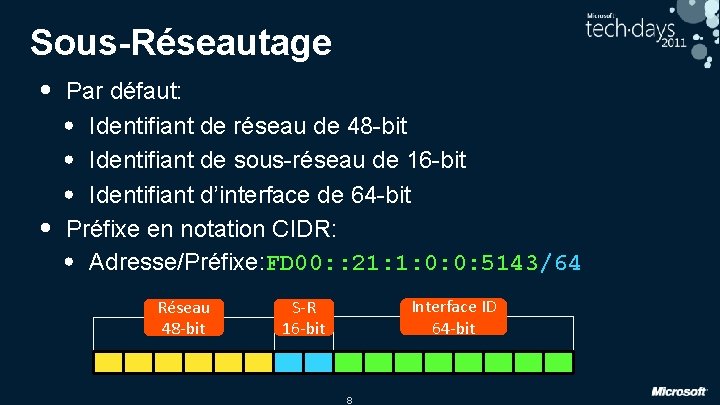 Sous-Réseautage • • Par défaut: • Identifiant de réseau de 48 -bit • Identifiant