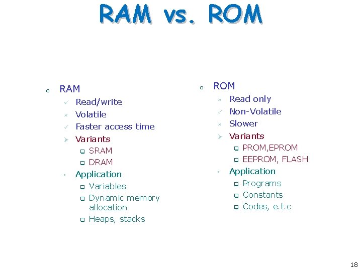 RAM vs. ROM o RAM ü û ü Ø Read/write Volatile Faster access time