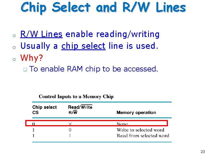 Chip Select and R/W Lines o o o R/W Lines enable reading/writing Usually a