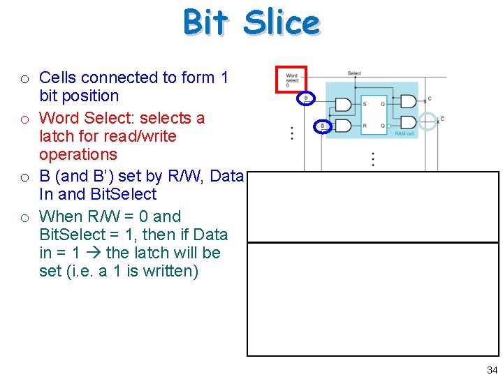 Bit Slice o Cells connected to form 1 bit position o Word Select: selects