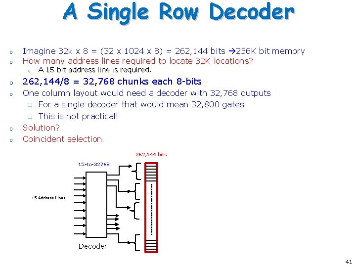 A Single Row Decoder o o Imagine 32 k x 8 = (32 x