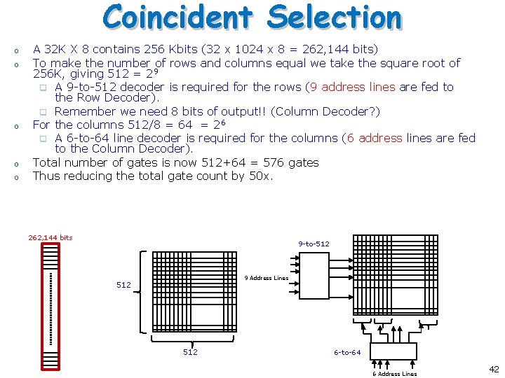 Coincident Selection o o o A 32 K X 8 contains 256 Kbits (32