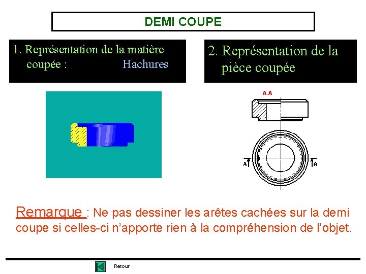 DEMI COUPE 1. Représentation de la matière coupée : Hachures 2. Représentation de la DEMI COUPE 1. Représentation de la matière coupée : Hachures 2. Représentation de la