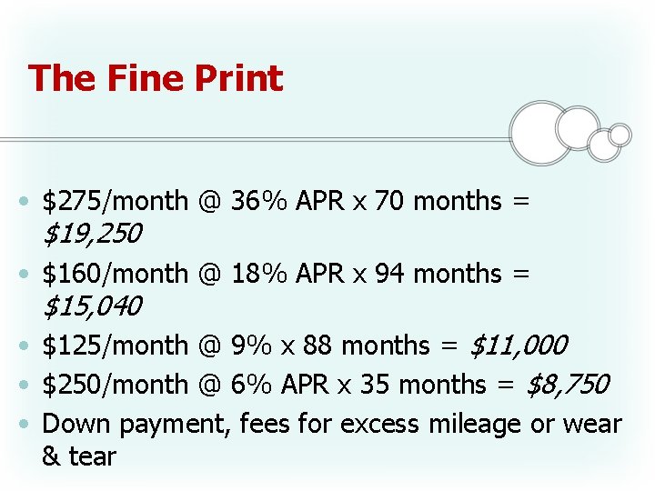 The Fine Print • $275/month @ 36% APR x 70 months = $19, 250