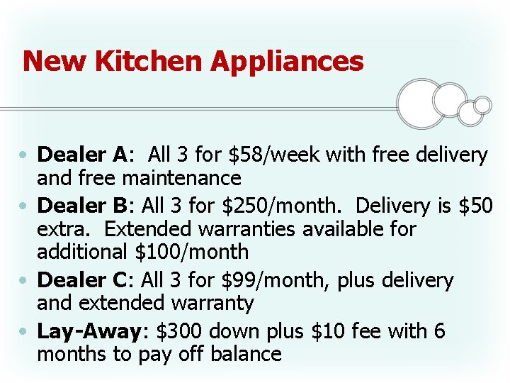 New Kitchen Appliances • Dealer A: All 3 for $58/week with free delivery and