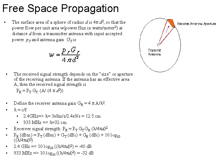 Free Space Propagation • The surface area of a sphere of radius d is