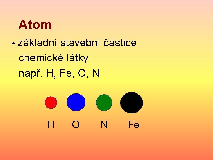 Atom • základní stavební částice chemické látky např. H, Fe, O, N H O