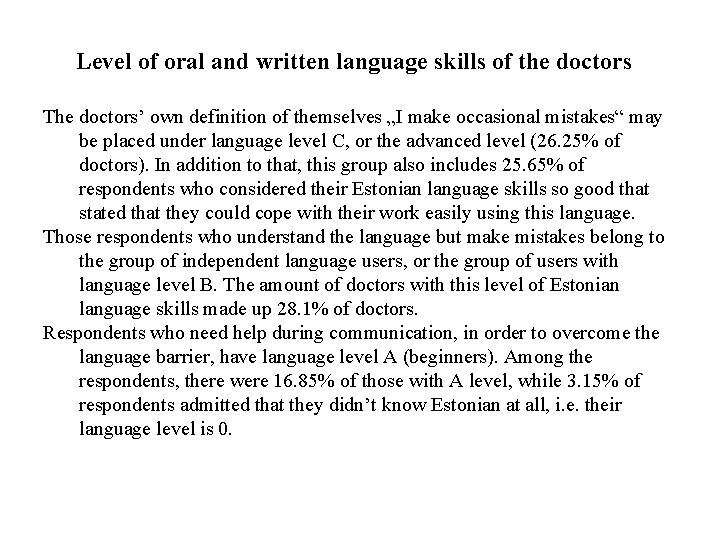 Level of oral and written language skills of the doctors The doctors’ own definition Level of oral and written language skills of the doctors The doctors’ own definition