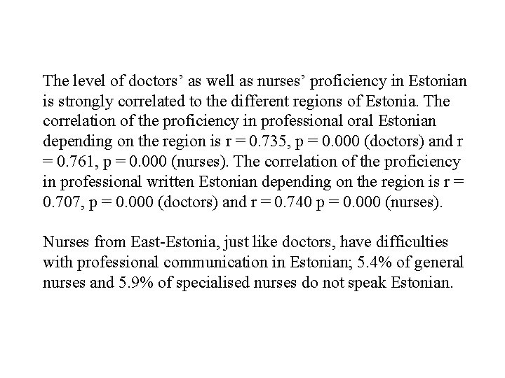 The level of doctors’ as well as nurses’ proficiency in Estonian is strongly correlated The level of doctors’ as well as nurses’ proficiency in Estonian is strongly correlated