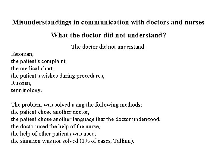 Misunderstandings in communication with doctors and nurses What the doctor did not understand? The Misunderstandings in communication with doctors and nurses What the doctor did not understand? The