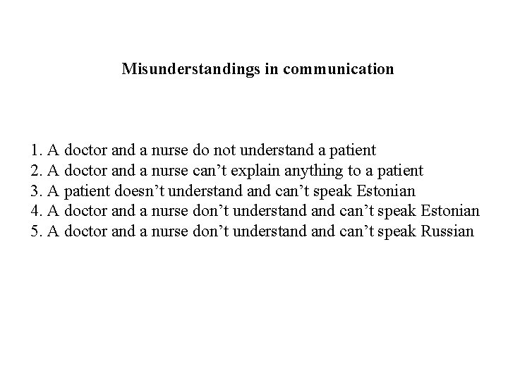 Misunderstandings in communication 1. A doctor and a nurse do not understand a patient Misunderstandings in communication 1. A doctor and a nurse do not understand a patient