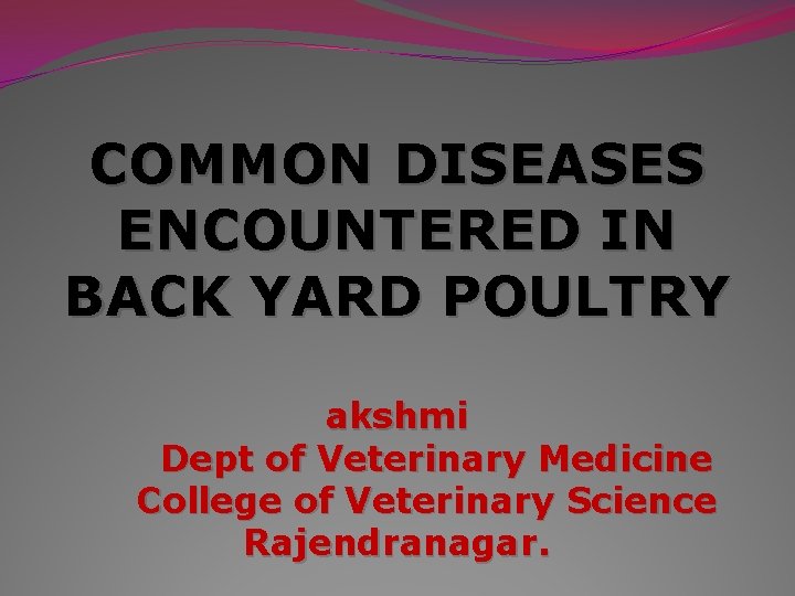 COMMON DISEASES ENCOUNTERED IN BACK YARD POULTRY akshmi Dept of Veterinary Medicine College of