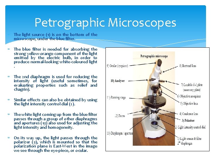 Petrographic Microscopes The light source (1) is on the bottom of the microscope, under