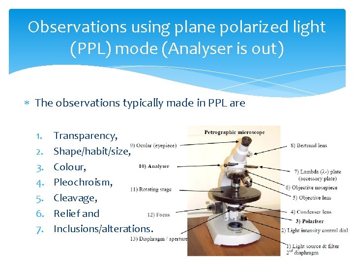 Observations using plane polarized light (PPL) mode (Analyser is out) The observations typically made