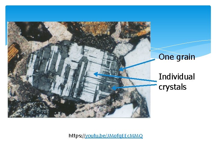 One grain Individual crystals Feldspar https: //youtu. be/JM 0 fq. EEc. MMQ partially extinct,