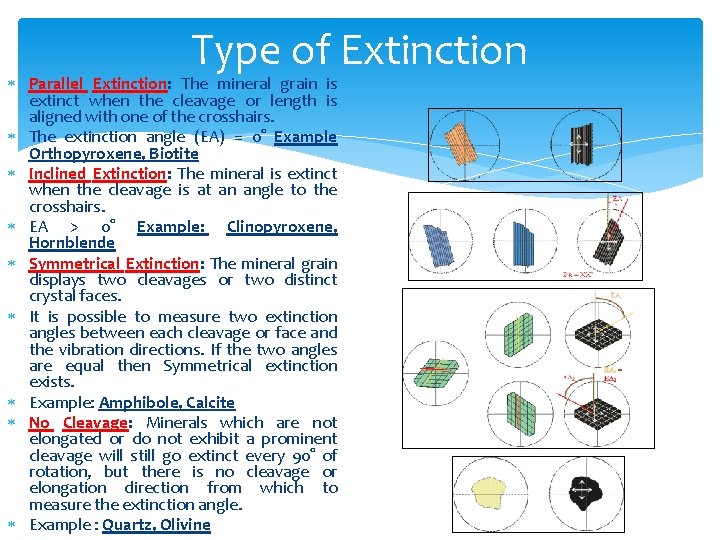 Type of Extinction Parallel Extinction: The mineral grain is extinct when the cleavage or