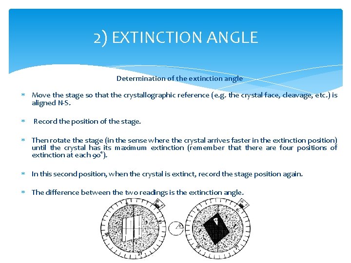 2) EXTINCTION ANGLE Determination of the extinction angle Move the stage so that the