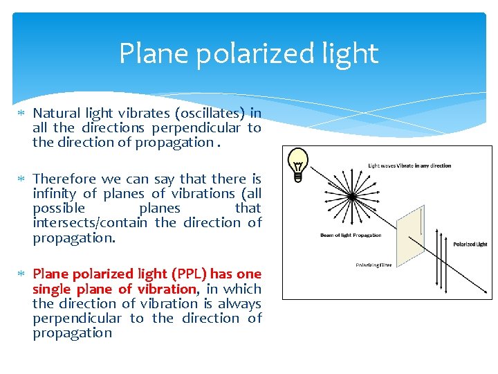 Plane polarized light Natural light vibrates (oscillates) in all the directions perpendicular to the