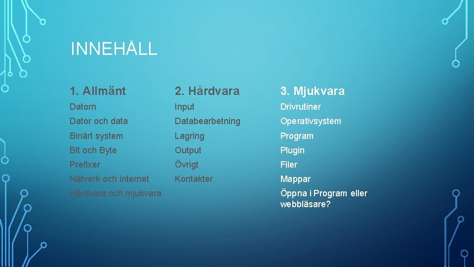 INNEHÅLL 1. Allmänt 2. Hårdvara 3. Mjukvara Datorn Input Drivrutiner Dator och data Databearbetning