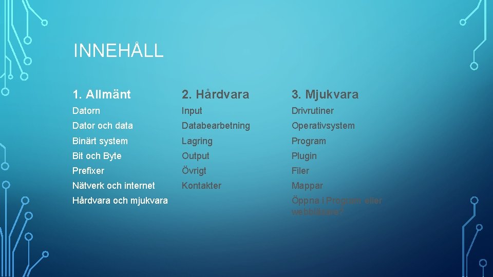 INNEHÅLL 1. Allmänt 2. Hårdvara 3. Mjukvara Datorn Input Drivrutiner Dator och data Databearbetning