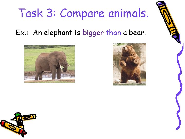 Task 3: Compare animals. Ex. : An elephant is bigger than a bear. 