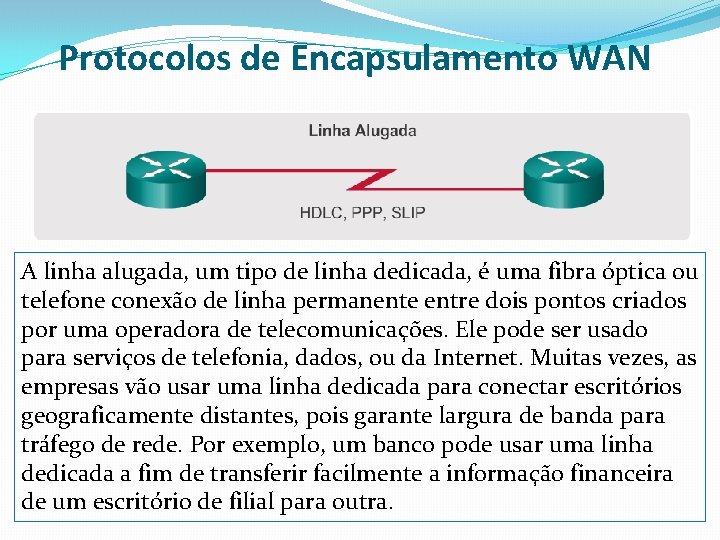Protocolos de Encapsulamento WAN A linha alugada, um tipo de linha dedicada, é uma