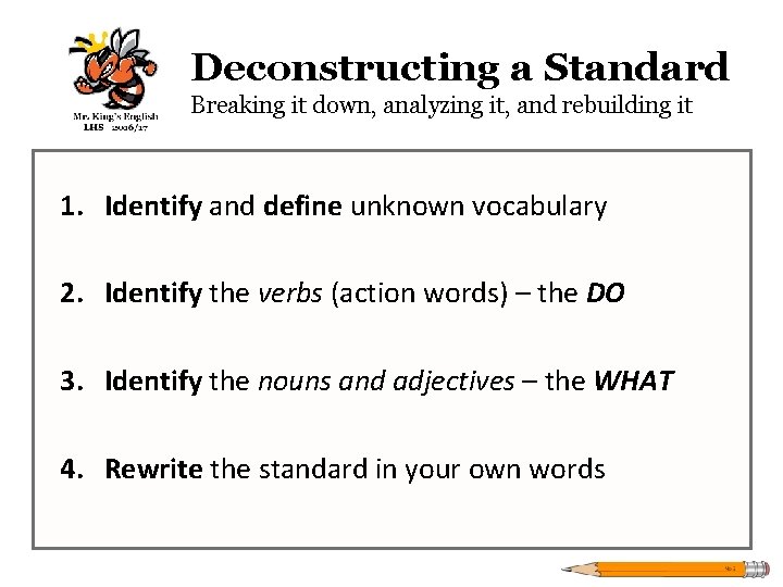 Deconstructing a Standard Breaking it down, analyzing it, and rebuilding it 1. Identify and