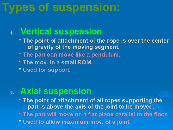 Types of suspension: 1. Vertical suspension * The point of attachment of the rope
