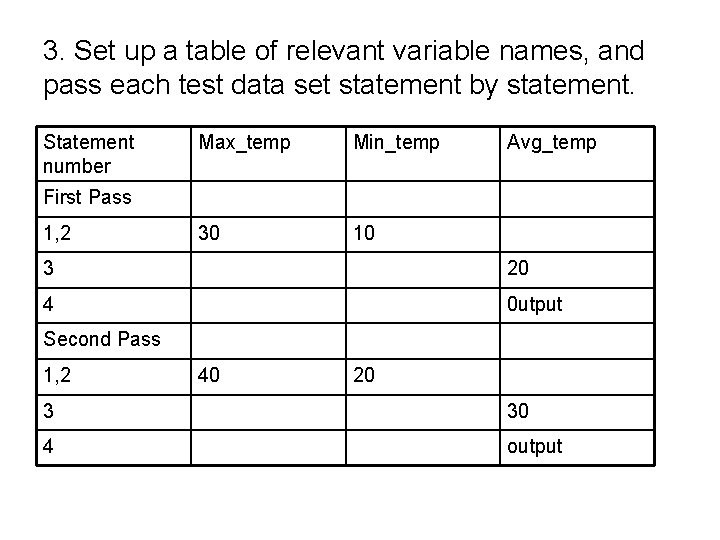 3. Set up a table of relevant variable names, and pass each test data