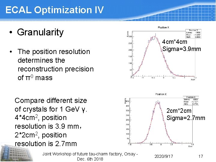 ECAL Optimization IV • Granularity • The position resolution determines the reconstruction precision of ECAL Optimization IV • Granularity • The position resolution determines the reconstruction precision of