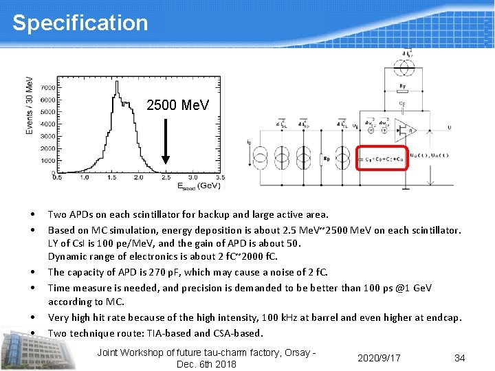 Specification 2500 Me. V • • • Two APDs on each scintillator for backup Specification 2500 Me. V • • • Two APDs on each scintillator for backup