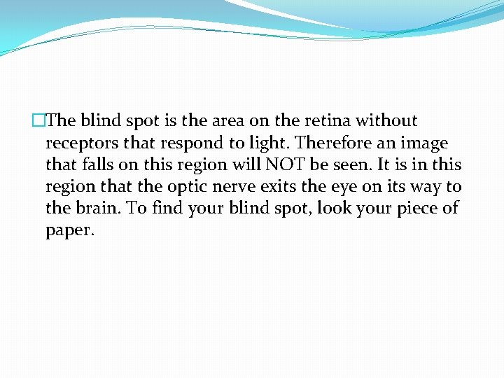 �The blind spot is the area on the retina without receptors that respond to